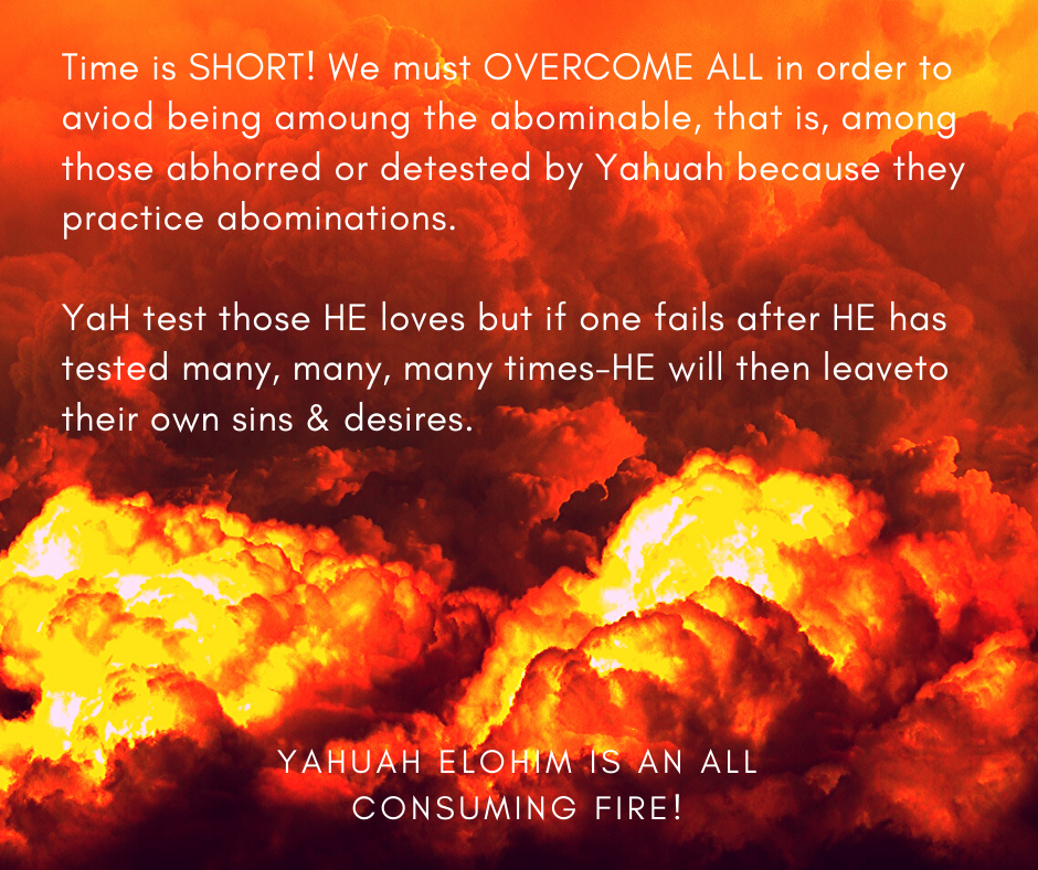THE EMERGENCY Time is short! We must OVERCOME ALL in ORDER to aviod being amoung the abominable, that is amoung those abhorred or detested by Yahuah because they practice abominations. YaH tests those HE loves but i